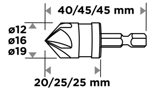 Graphite Süllyesztőfúró készlet, csavarfejekhez, 1/4" hatszög szár, 12, 16, 19mm, 3db
