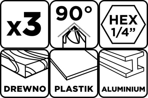 Graphite Süllyesztőfúró készlet, csavarfejekhez, 1/4" hatszög szár, 12, 16, 19mm, 3db