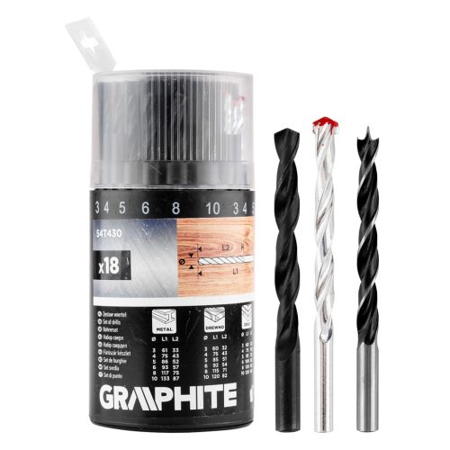 Graphite Fúrókészlet, fém, fa, kőzefúrókkal, hengeres szár, 3,4,5,6,8,10mm méretek, 18db