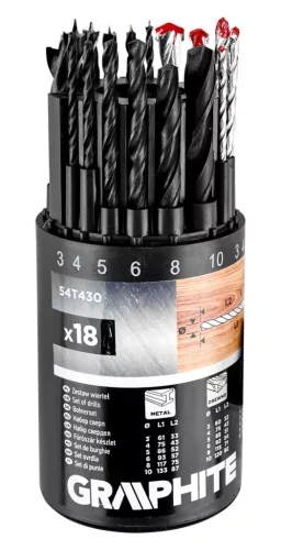 Graphite Fúrókészlet, fém, fa, kőzefúrókkal, hengeres szár, 3,4,5,6,8,10mm méretek, 18db