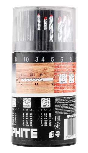 Graphite Fúrókészlet, fém, fa, kőzefúrókkal, hengeres szár, 3,4,5,6,8,10mm méretek, 18db