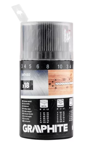 Graphite Fúrókészlet, fém, fa, kőzefúrókkal, hengeres szár, 3,4,5,6,8,10mm méretek, 18db