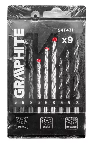 Graphite Fúrókészlet, fém, fa, kőzetfúrókkal, 5, 6, 8mm, 9db