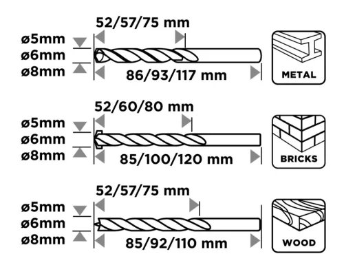 Graphite Fúrókészlet, fém, fa, kőzetfúrókkal, 5, 6, 8mm, 9db
