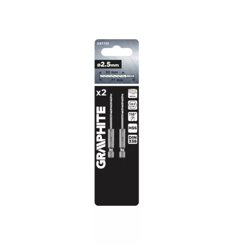 Graphite Csigafúró, 1/4" hatszög szárral, HSS DIN338, 2.5mm, 2db