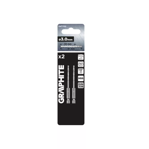 Graphite Csigafúró, 1/4" hatszög szárral, HSS DIN338, 3mm, 2db