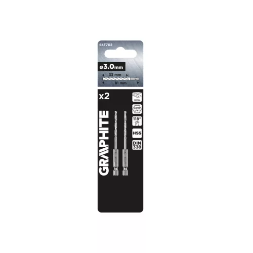Graphite Csigafúró, 1/4" hatszög szárral, HSS DIN338, 3mm, 2db