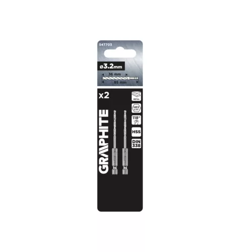 Graphite Csigafúró, 1/4" hatszög szárral, HSS DIN338, 3.2mm, 2db