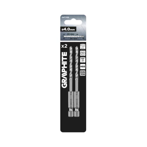 Graphite Csigafúró, 1/4" hatszög szárral, HSS DIN338, 4mm, 2db