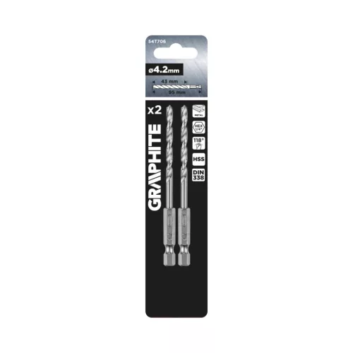 Graphite Csigafúró, 1/4" hatszög szárral, HSS DIN338, 4.2mm, 2db