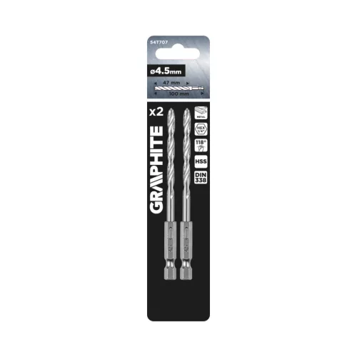 Graphite Csigafúró, 1/4" hatszög szárral, HSS DIN338, 4.5mm, 2db