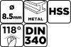 Graphite Csigafúró HSS, hosszú, DIN340, 8.5mm