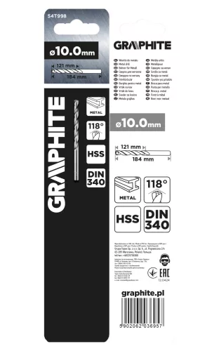 Graphite Csigafúró HSS hosszú 10x184/121mm, DIN340