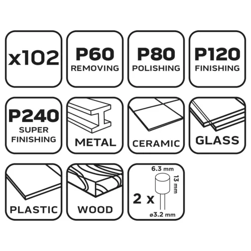 Neo Tools Csiszolóhüvely 6.3mm, K60, K80, K120, K240, set 100db + szár 3.2mm, 2db