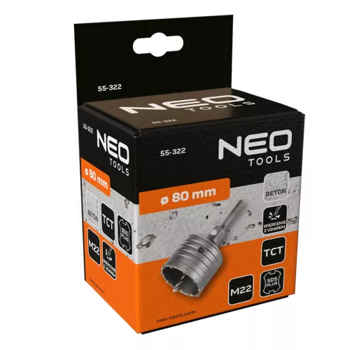 Neo Tools Koronafúró, körkivágó, 80mm, SDS PLUS szárral és központfúróval