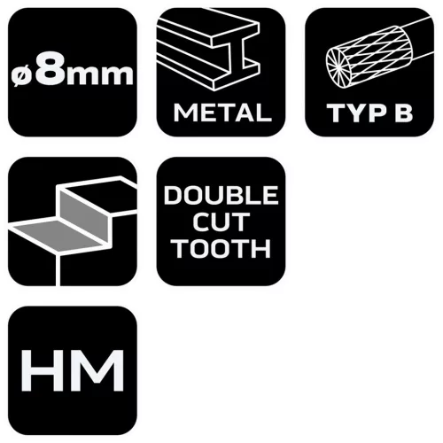 Neo Tools Keményfém marófej, turbómaró, B, hengeres, frontélezéssel, 8x20mm, szár méret 6x45mm