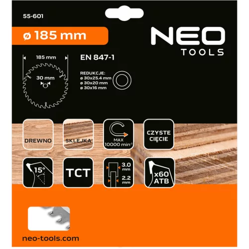 Neo Tools Körfűrészlap keményfém fogakkal, 185x30mm, 60 fog