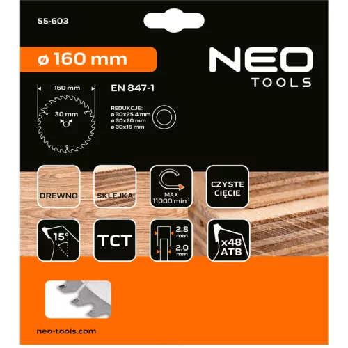 Neo Tools Körfűrészlap keményfém fogakkal, 160x30mm, 48 fog