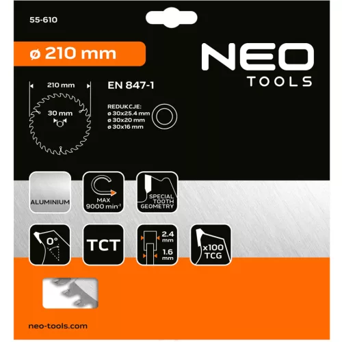 Neo Tools Körfűrészlap alu-hoz, keményfém fogakkal, 210x30mm, 100 fog