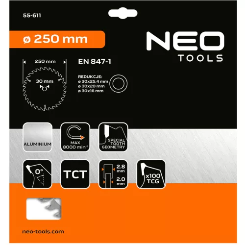 Neo Tools Körfűrészlap alu-hoz, keményfém fogakkal, 250x30mm, 100 fog
