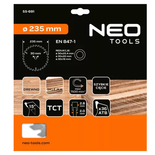 Neo Tools Körfűrészlap merülőfűrészhez keményfém fogakkal, 235x30mm, 36 fog