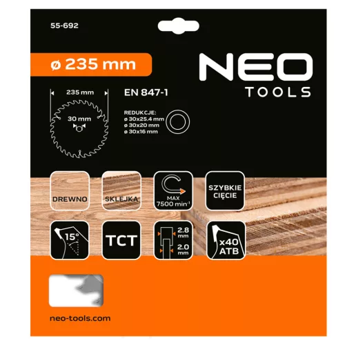 Neo Tools Körfűrészlap merülőfűrészhez keményfém fogakkal, 235x30mm, 40 fog