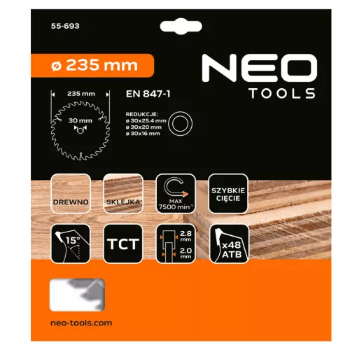 Neo Tools Körfűrészlap merülőfűrészhez keményfém fogakkal, 235x30mm, 48 fog