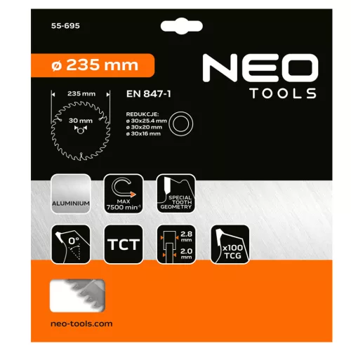 Neo Tools Körfűrészlap alu-hoz, keményfém fogakkal, 235x30mm, 100 fog