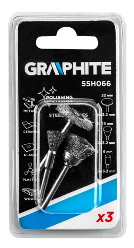 Graphite Csapos kefe készlet 3db, acélsodrony befejezőkefe, pohárkefe, kerékkefe