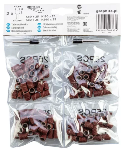 Graphite Csiszolóhüvely 6.3mm, K60, K80, K120, K240, set 100db + szár 3.2mm, 2db