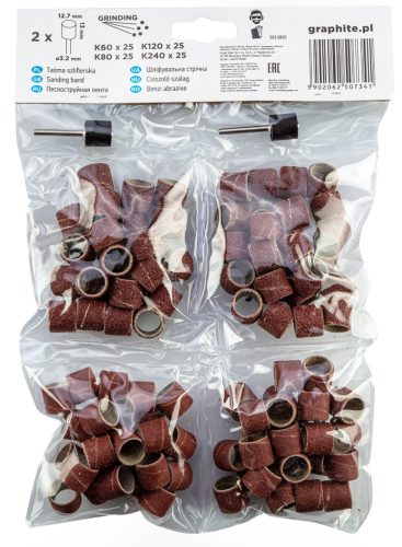 Graphite Csiszolóhüvely 12.7mm, K60, K80, K120, K240, készlet 100db + szár 3.2mm, 2db
