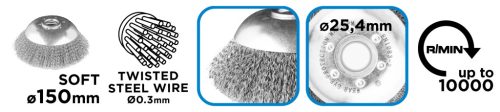 Graphite Drótkorong, fazékkefe hullámos 150 x 25, 4mm benzines kaszákhoz