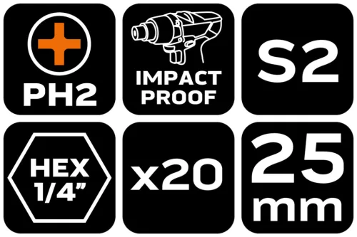 Neo Tools Torziós ütvecsavarozó bit PH2x25mm, 20db