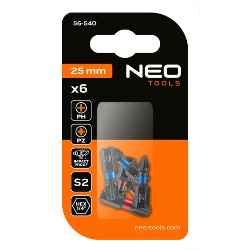 Neo Tools Torziós ütvecsavarozó bit PH1/2/3, PZ1/2/3x25mm