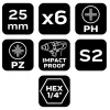 Neo Tools Torziós ütvecsavarozó bit PH1/2/3, PZ1/2/3x25mm