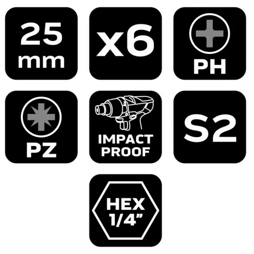 Neo Tools Torziós ütvecsavarozó bit PH1/2/3, PZ1/2/3x25mm