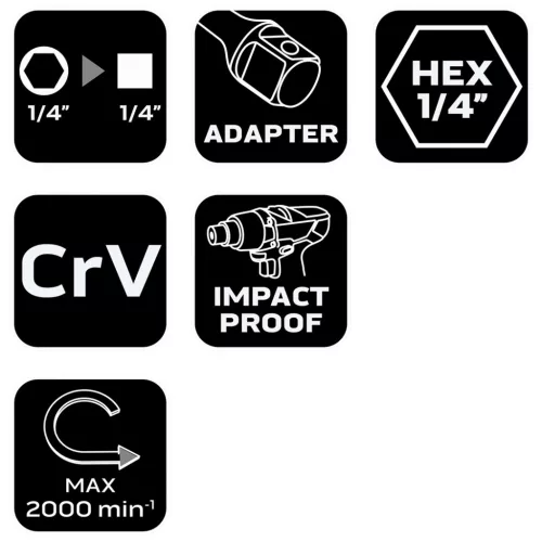 Neo Tools Adapter csavarbehajtókhoz 1/4" hatlapú-1/4" négyszög