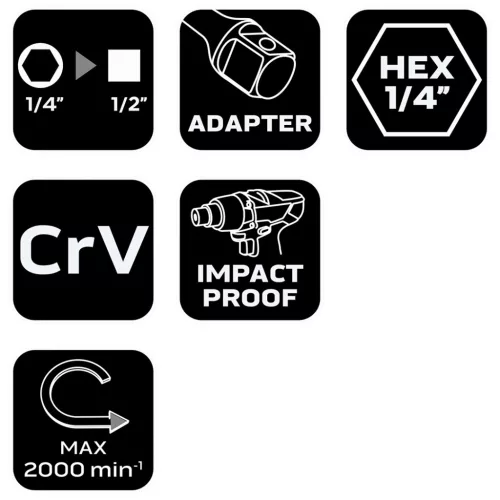 Neo Tools Adapter csavarbehajtókhoz 1/4" hatlapú-1/2" négyszög