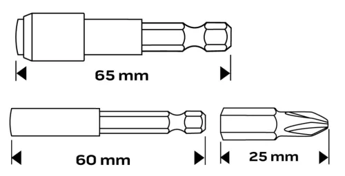 Neo Tools Csavarhúzó bitkészlet, 60db, bitek 25mm-58db, mágneses bittartók 2db