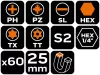 Neo Tools Csavarhúzó bitkészlet, 60db, bitek 25mm-58db, mágneses bittartók 2db