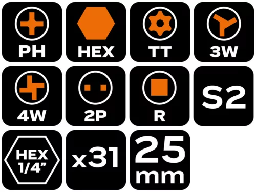 Neo Tools Csavarhúzó bitkészlet, 31db, bitek 25mm-15db, bitek 50mm-15db, bittartó