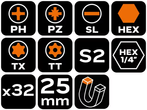 Neo Tools Csavarhúzó bitkészlet, 32db, bitek 25mm-30db, adapter 1/4", mágneses bittartó
