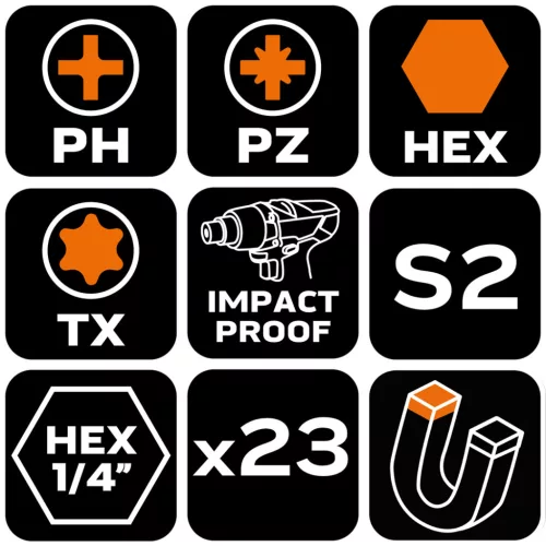 Neo Tools Csavarhúzó bitkészlet, 23db, bitek 25mm-18db, bitek 50mm-4db, mágneses bittartó