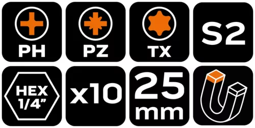 Neo Tools Csavarhúzó bitkészlet, 10 részes, bitek 25mm-8db, mágneses bittartó, univerzális doboz