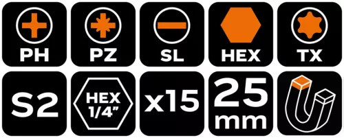 Neo Tools Csavarhúzó bitkészlet, 15db, bitek 14mm-8db, mágneses bittartó