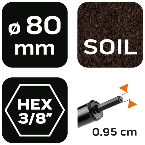 Neo Tools Földfúró szár, 80x600mm, 3/8" hatszög befogó, hálózati és akkus fúrógépekhez