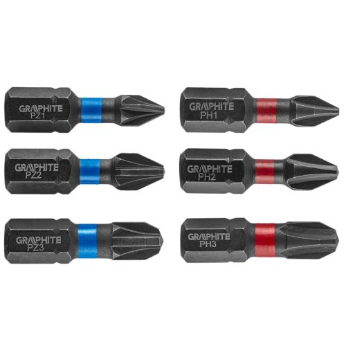 Graphite Torziós ütvecsavarozó bit PH1/2/3, PZ1/2/3x25mm, 6db