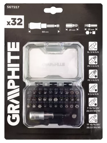 Graphite Csavarhúzó bitkészlet 25mm, mágneses szárral műanyag tokban