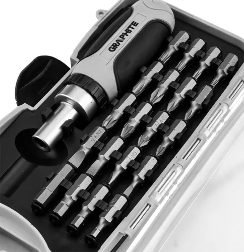 Graphite Bitfejes csavarhúzó készlet 115mm-es racsnis szárral, műanyag tokban