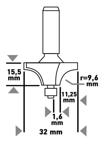 Graphite Felsőmaró kés, kerekítő, 32x15.5mm, 8mm szárral